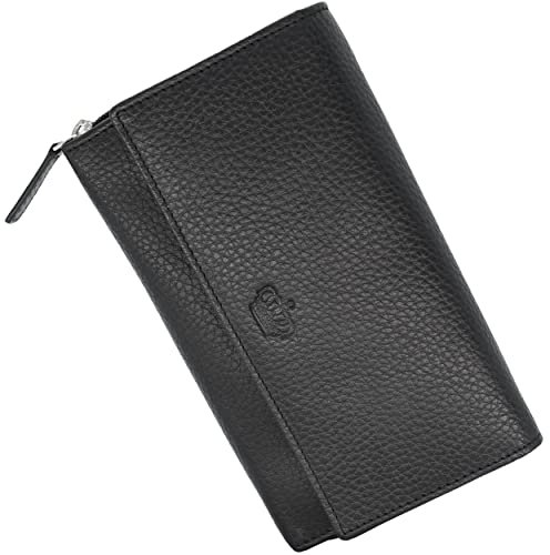 Baur Damen Geldbörse Echt Leder Geldtasche | Geldbeutel mit RFID Schutz |großes Portemonnaie viele Kartenfächer |Wallet mit Druckknopf |Portmonee |Damen-Geldbörsen |Damengeldbörsen (Schwarz)
