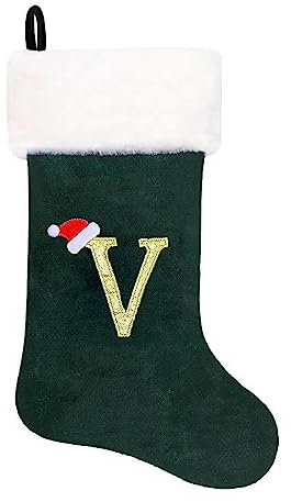 Eoocan 50,8 cm Monogramm-Weihnachtsstrümpfe, grüner Samt mit weißem, superweichem Plüsch-Manschette, bestickt, Weihnachtsstrumpf, klassische personalisierte Strumpf-Dekoration für Familie, Urlaub,