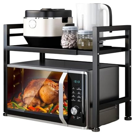 Expandable Microwave Oven Rack 2- Tier Kitchen Microwave Shelf, Height& Length Adjustable, Kitchen Storage Organizer Counter Shelf Stand, Black (L15. 7-23. 6xW14. 7xH 18. 1)