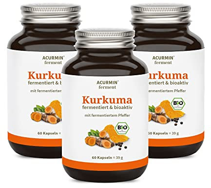 Acurmin Ferment – Fermentierte Bio-Kurkuma-Kapseln – 1.100 mg Kurkuma-Pulver – mit höchst verträglichem fermentiertem Pfeffer – 180 Kapseln
