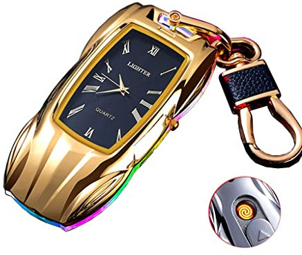 Briquet coloré Clignotant, 4 en 1 Horloge de Voiture de Sport Briquet Porte-clés, Briquet de décoration de lumière Clignotante Cool, Briquet électrique Torche USB (Couleur : Or)