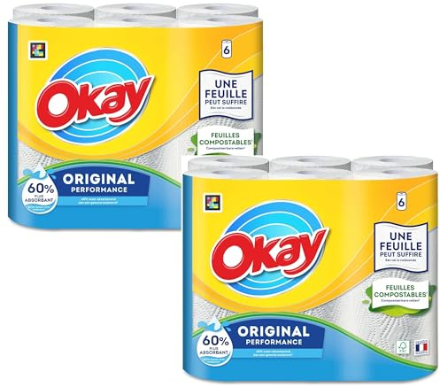 Essuie Tout Okay Original - papier essuie tout blanc pour la cuisine 12 rouleaux (2 x 6 rlx) économique et résistance - Offre Spéciale