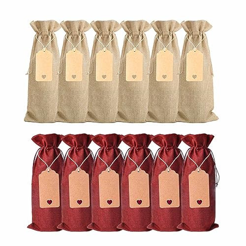 ATBUSS 12 bolsas para botellas de vino tinto con 12 colgantes de piel de vaca de hilo, bolsas de vino reutilizables con cordón, bolsas de regalo a prueba de polvo para Navidad, San Valentín, vino,