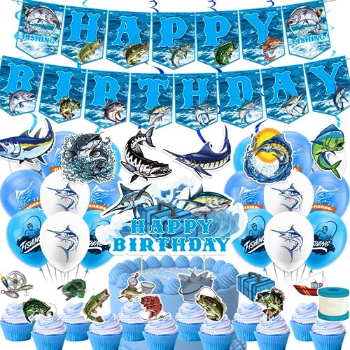 Gone Fishing Birthday Banner, Cake Toppers, Balloons & Party Favors