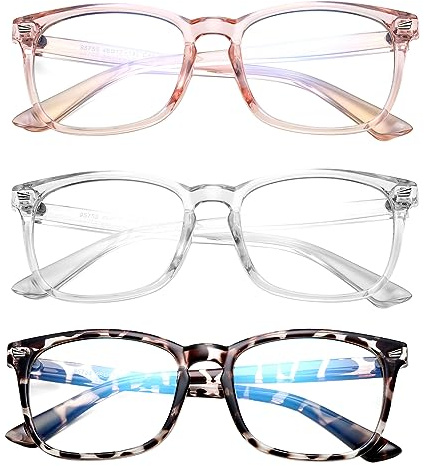 Hycredi - Kids Blue Light Blocking Glasses Anti Eye Fatigue UV Protection Video Game TV Phone Glasses for Boys Girls, Pack of 3 (Transparent Pink + Transparent + Leopard), Lens width: 48mm, Nose