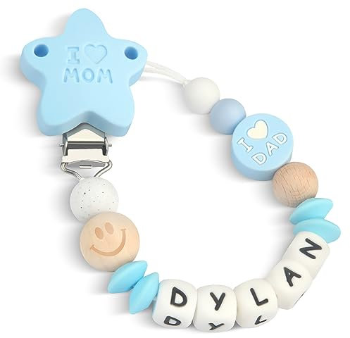Yolnkos Schnullerkette mit Namen Jungen Mädchen Personalisiert Schnullerclip Mama Papa(Blau)