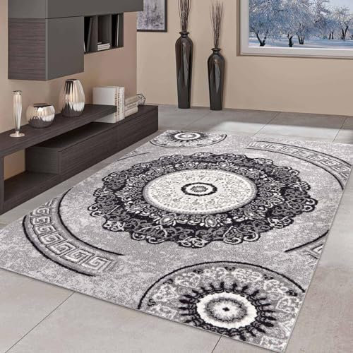Taracarpet Moderner Kurzflor Designer-Teppich für Wohnzimmer Schlafzimmer und Kinderzimmer Medaillon Floral Abstrakt Grau 160x220cm