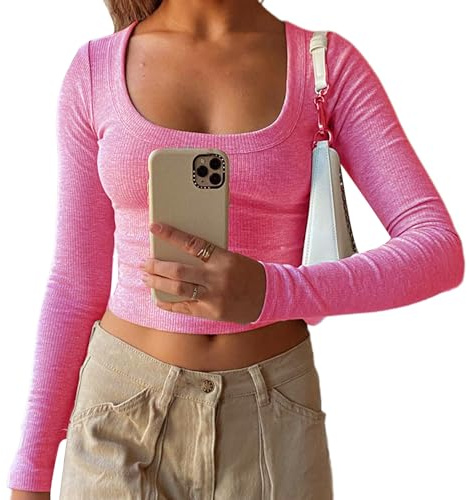 Women's Slim Fit Crop Tops Casual Solid Color Crew Neck Long Sleeve Tight T-Shirt Basic Blouse Tee Tops (Z-Ribbed Pink, M)