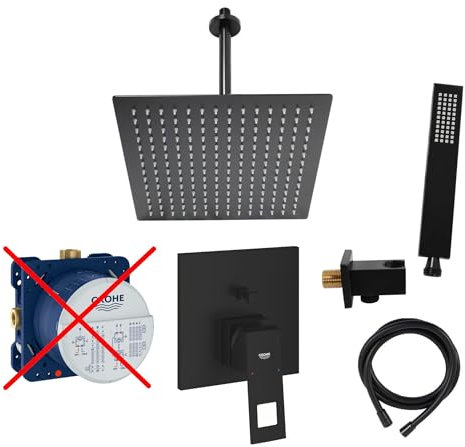 vanvilla Duschsystem mit Unterputz Duscharmatur von Grohe Eurocube Einhandmischer und vanvilla Regendusche mit Armatur, Duschkopf, Dusch-SET GS02-XL-ob schwarz matt