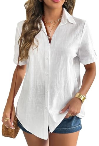 WINKEEY Camicia Donna Elegante Bluse e Camicie Cotone Camicetta Manica Corta Maglia Scollo a V Blusa Maglietta Casual Business Top con Bottoni,Bianco L