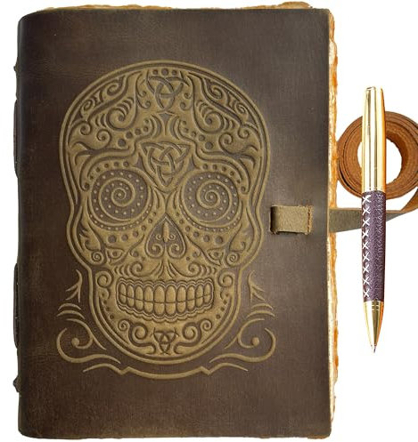 Handgefertigtes Zuckerschädel Leder Notizbuch Journal mit Büttenpapier, A5 Tagebuch Reisetagebuch perfekt zum Schreiben, Skizzenbuch für Männer Frauen Antiken Echtes Leder 21x15cm