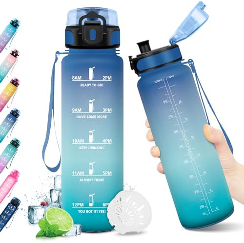 KollyKolla Gourde 1L, Bouteille d'eau Enfant, sans BPA, Étanche & Réutilisable, Gourde Sport avec Filtre et Marqueur de Temps, Gourde Motivation pour Enfant, Adulte, Cyclisme, Bureau, l'école, Camping