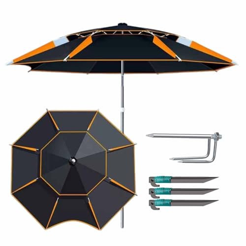 Parasol De Plage Coupe-Vent Parapluie De Pêche en Exterieur Parasol Portable Protection UV avec Ancre À Sable en Métal 200/220/240/260 Cm pour Plage Patio Jardin(Black Orange,200CM/6.5FT)