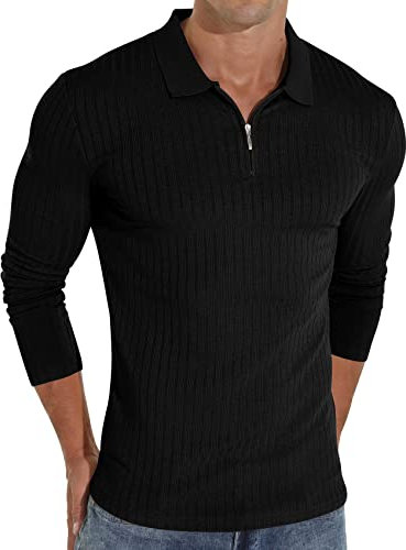 Sailwind Zipper Polo Shirts for Men Long Sleeve Slim Fit Shirts Casual Stretch Ribbed Knit Zip Shirt (Black, M)