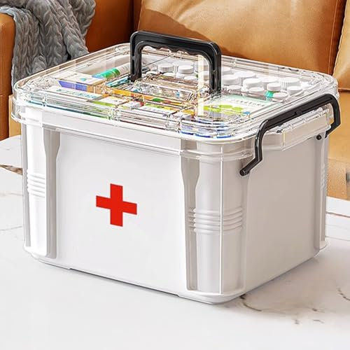 White-S Multi Grid Medicine Organiser - Double Layers, Portable Box With Lid for Home & School First Aid Kit