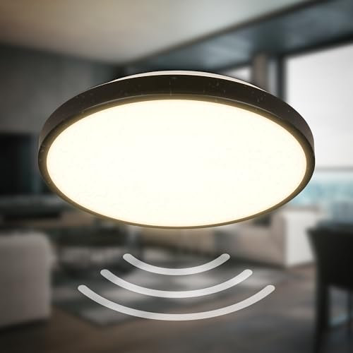 B.K.Licht - Plafón LED con detector de movimiento alcance IP54 3m, luz blanca cálida, detección 95 grados, plafón LED, lámpara LED, lámpara de baño, lámpara de cocina, 29x7,5cm, negro