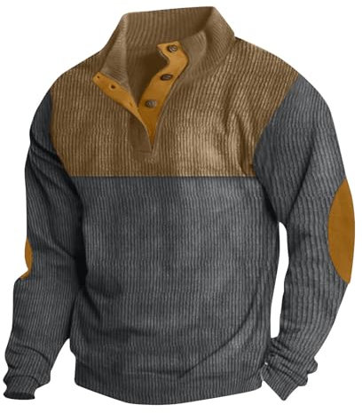 Pullover Herren Klassisch Aus Hochwertiger, Sweatshirt Langärmliges Top Slim Fit, Geknöpftes Cord Patchwork Oberteil Mit Stehkragen Und Knopfleiste, Sale Langarmshirt Lässiger Mode Strickpullover