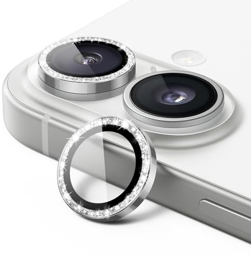 JETech Kameraschutz für iPhone 16 6,1 Zoll und iPhone 16 Plus 6,7 Zoll, Bling Glitzer Individuell 9H Gehärtetes Glas Metallring Abdeckung, HD Klar, 1 Set (Weiß)