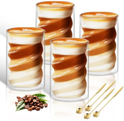 KEHTUNAHT Tasse à Café Double Paroi 400ml 4 Pcs Verre Double Paroi Cappuccino avec 4 Cuillères Tasse Transparente Latte Macchiato Tasses en Verre Résistantes à la Chaleur