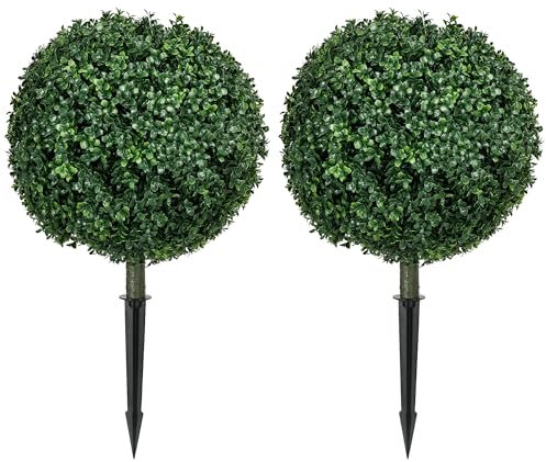 HOMCOM Set de 2 Plantas Artificiales de boj Grande 70 cm con protección UV, Plantas Artificiales como Reales con tutores de Suelo para salón Dormitorio Oficina jardín decoración Moderna