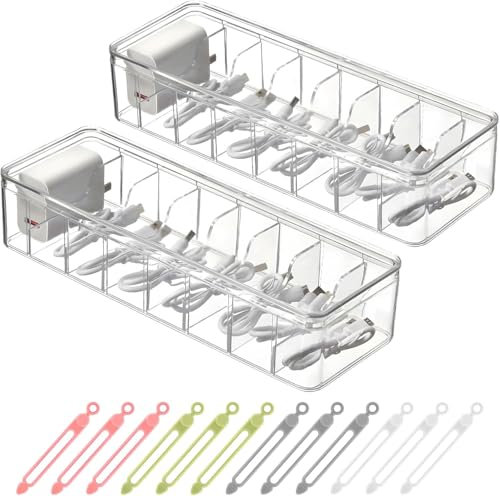 2 Stück Kabel Organizer Box, Kabel Aufbewahrungsbox mit 8 Fächer und 24 Kabelbindern, Transparente Cable Management Box, Aufbewahrungsbox für Ladekabel Schreibtisch Aufbewahrung Büro, Heimgebrauch