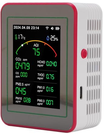 15 in 1 Luftqualitätsmonitor, Tragbarer WLAN -Luftqualitätsmesser -Detektor mit CO2 TVOC HCHO PM2.5 Temperaturfeuchtigkeitserkennung, 2,8 -Zoll -LCD -Digitalanzeige für Home (schwarz+rot) (weiß+rot)