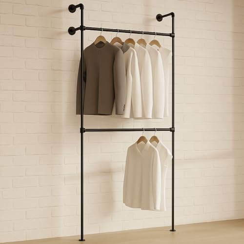 LouMaxx Rusticline Kleiderstange Wandmontage 111x230cm - Garderobenset Industrial robust bis 120kg - Offener Kleiderschrank Schwarz Pulverbeschichtet Erweiterbares System