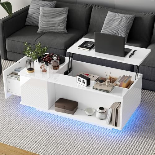 BXEYXE 100 * 50 * 40cm Couchtisch Höhenverstellbarer Kaffeetisch mit Verstecktem Stauraum, Beistelltisch Mit LED-Licht, Wohnzimmertisch Mit Schublade, Tisch, Sofatisch, Weiß