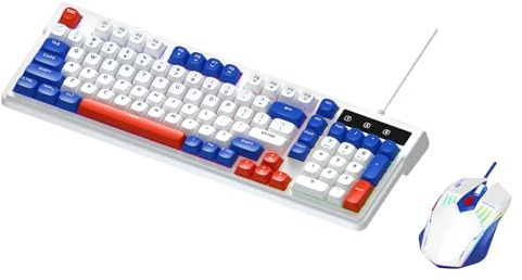 Plyisty Gaming Keyboard and Mouse Combo, RGB Backlit Wired Keyboard, 98 Keys Compact Layout, Quiet Typing, for Laptop Computer, 98SE/ME/2000/Vista/7/10 (Blue White)