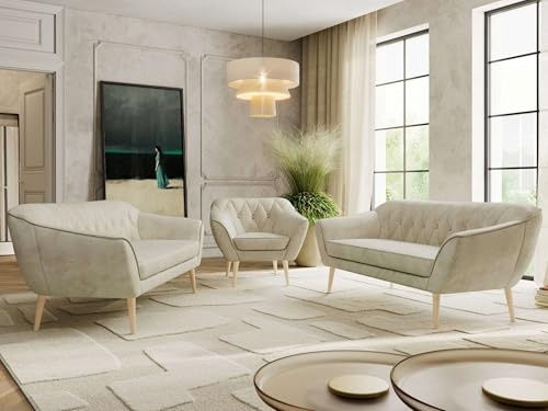 MKS MEBLE Sofagarnitur PIRS 3 + 3 + 1 - Couchgarnitur im skandinavischen Design, Gesteppte Polsterung, Wellenfederung, Wohnzimmer Sofa Set - Buche Beine, Beige Velvet