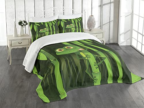 ABAKUHAUS Bambus Tagesdecke Set, Jungle Bäume Spaß-Frosch, Set mit Kissenbezügen Waschbar, für Doppelbetten 220 x 220 cm, Grün