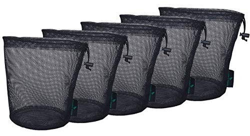 iBasingo Black Drawstring Bags Mesh Bag Nylon Sack Durable Net Bag Small Travel Stuff Sack Mesh Storage Ditty Bag for Cosmetics Shower Gels Ball 5 pieces/lot, (D)12cm x (H)20cm BVP03