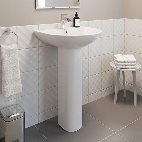 Bathroom Wash Basin Sink and Full Floor Standing Pedestal 1 Tap Hole Modern Ceramic White Gloss