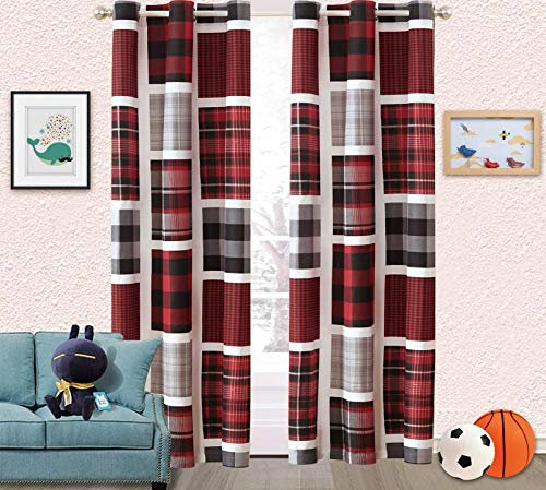 Leinen Plus 2 Flächenvorhänge Set für Teenager Jungen Patchwork Plaid Rot Grau Schwarz Weiß Neu