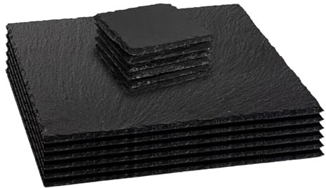 Argon Tableware 12 Piece Square Slate Placemats & Coasters Set - Black Natural Stone Dinnerware Plate Placemats Drink Mats for Kitchen, Home, Bar, Restaurant, Weddings, Events