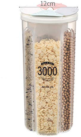 JMAHM Cereal Dispensers Tubs Food Storage Containers Pasta Airtight Clear Plastic with Multiple Spaces Calibration Keep Food Fresh Dry (3000ml / 4 Grid, Mix colors)