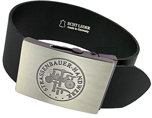 GravurManufakturBerlin Hosengürtel Strassenbauer Pflasterer Handwerk Zunftzeichen Ledergürtel 4 cm breit Einheitslänge kürzbar