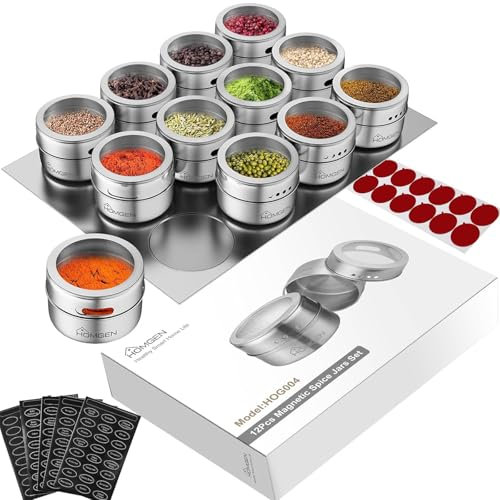 HOMGEN - 12PZ Barattoli per Condimento Magnetici in Acciaio Inox Porta Spezie 100ML con Fori Regolabili Contenitore Porta Spezie Sale Zucchero Pepe Scatole per Spezie Magnetiche a Cucina con Etichette