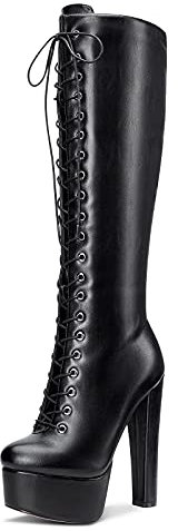 Castamere Donna Plateau Stivali Metà Polpaccio Cerniera Lacci Boots Tacco a Blocco 15CM High Heels Nero Opaco Scarpe EU 41