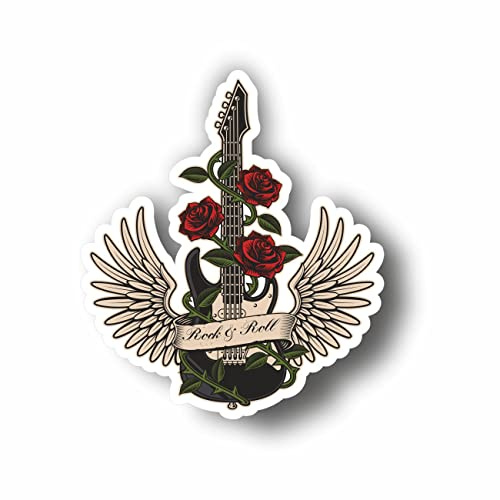 AMA SHOP Aufkleber Rock N Roll Gitarre mit PVC-Flügeln für Wandtattoo, Auto, Motorradhelm, Wohnmobil