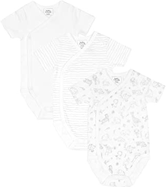 Stellou & friends Baby 100% Bio-Baumwoll Wickelbody 3er Set, kuschelweiche und hochwertige Kinder Kleidung für Jungs und Mädchen mit schönen Prints Kurzarm Weiß 74-80