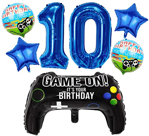 Liitata Videospiel 10. Geburtstag Deko Jungen Gamer Geburtstag Party Deko Zahl 10 Folienballon Blau Großes Gamecontroller Luftballon Stern Ballon für Kinder Junge Geburtstag Motto Party Deko