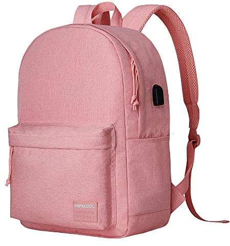 Supacool Sac à dos pour ordinateur portable, style décontracté, avec port de charge USB, pour homme et femme, idéal pour l’université, rose, 20L, Moderne