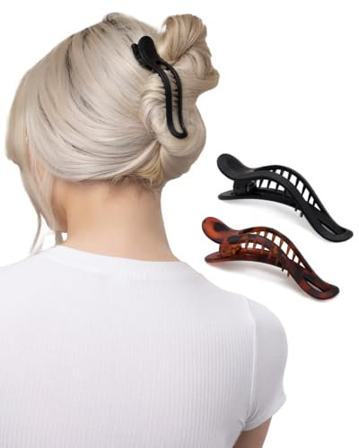 Kitsch Flache Haarklammern für Damen – Starker Halt, rutschfester Griff | Flache Haarklammer mit bequemem, geschwungenem Design – 2 Stück (Schwarz und Schildpatt)