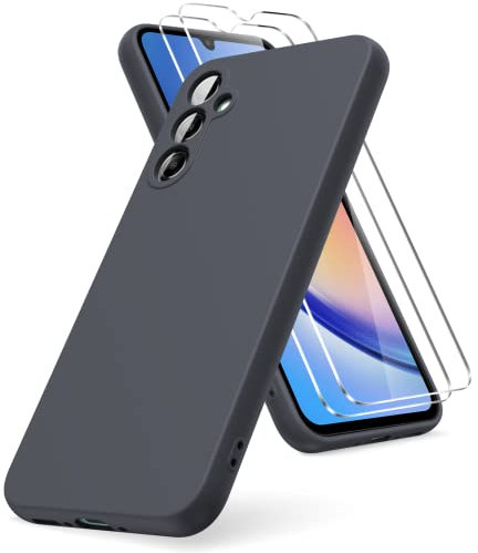 Vansdon Funda Compatible con Samsung Galaxy A34 5G, 2 Unidades Protector Pantalla Cristal Templado, Silicona Líquida Gel Ultra Suave Funda- Gris Oscuro