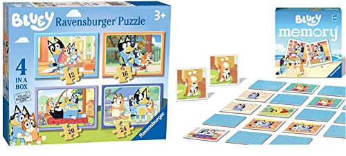 Ravensburger Bluey - 4 in Box (12, 16, 20, 24 Pieces) Jigsaw Puzzles for Kids Age 3 Years Up & Bluey Mini Memory - Matching Picture Snap Pairs Game For Kids Age 3 Years and Up