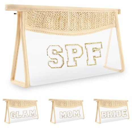 Iqimott Boho Patch Stuff Bag Clear Makeup Letter Bag, Waterproof Zipper Make up Bag Toiletry Pouch, LSF-Beige