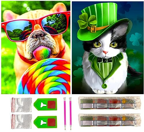 SusggO Pack 2 Diamond Painting Kit Completo 2 Set Pintura de Diamantes 30X40cm Diamond Painting accesorios DiY 5D Cuadro Punto de Cruz Bordados Manualidades Decoracion Hogar Pared -GATO PERRO COLORES