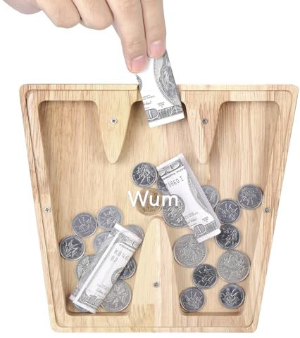 TsunNee Holz Brief Spardose Sparschwein Kreative Brief Münzbank Spardose mit Klare Alphabet Aufkleber, Spardose für Kinder Weihnachten Geburtstagsgeschenk Home DIY Dekoration (Helles Holz W, S)