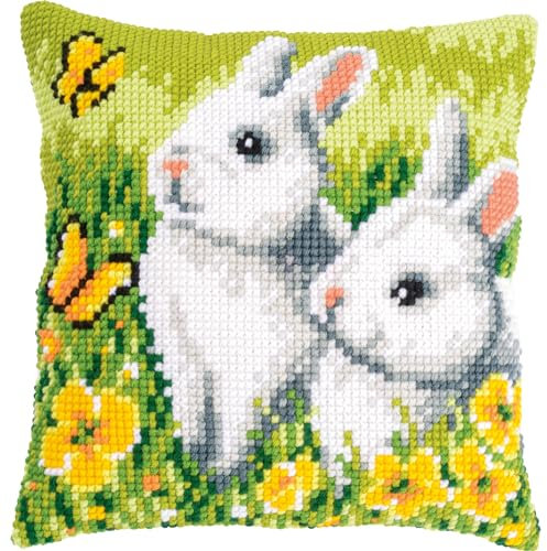 VERVACO Kreuzstich Stickpackungen Kissen Stickerei Set Anfänger Vorgedruckt Hasen und Schmetterlinge DIY Set Kreativ Set Für Erwachseneca. 40 x 40 cm Bastelset Handwerker Haus Dekoration